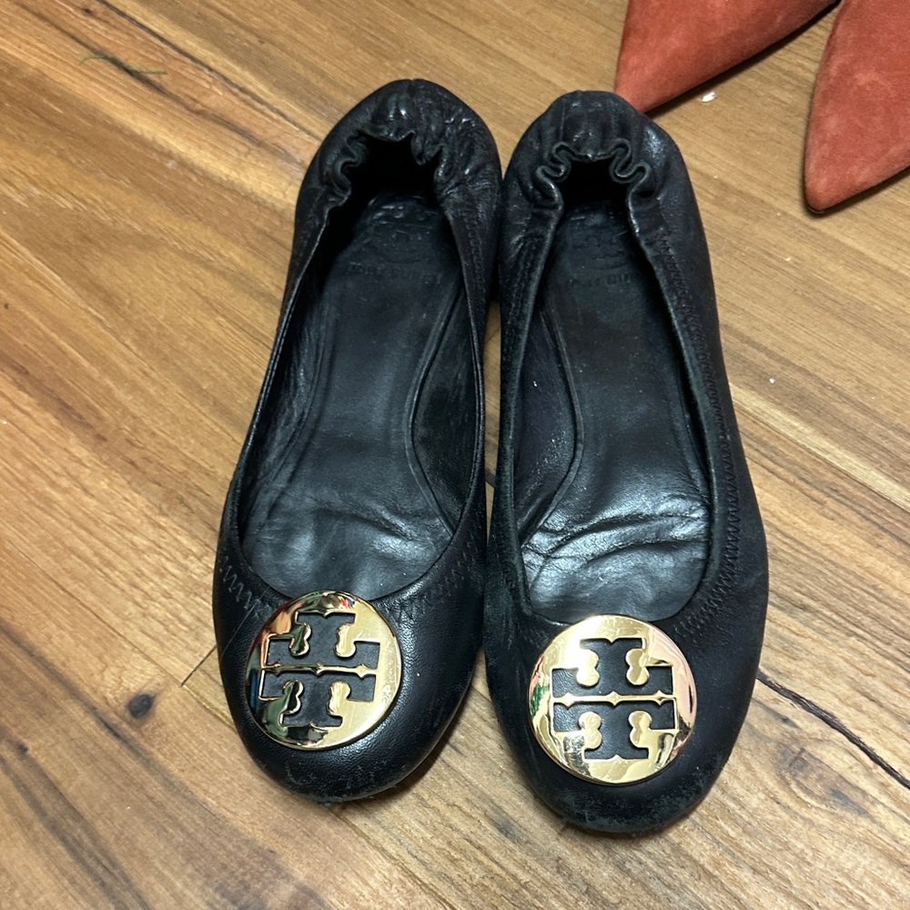 Tory Burch Black Flats with Gold Logo